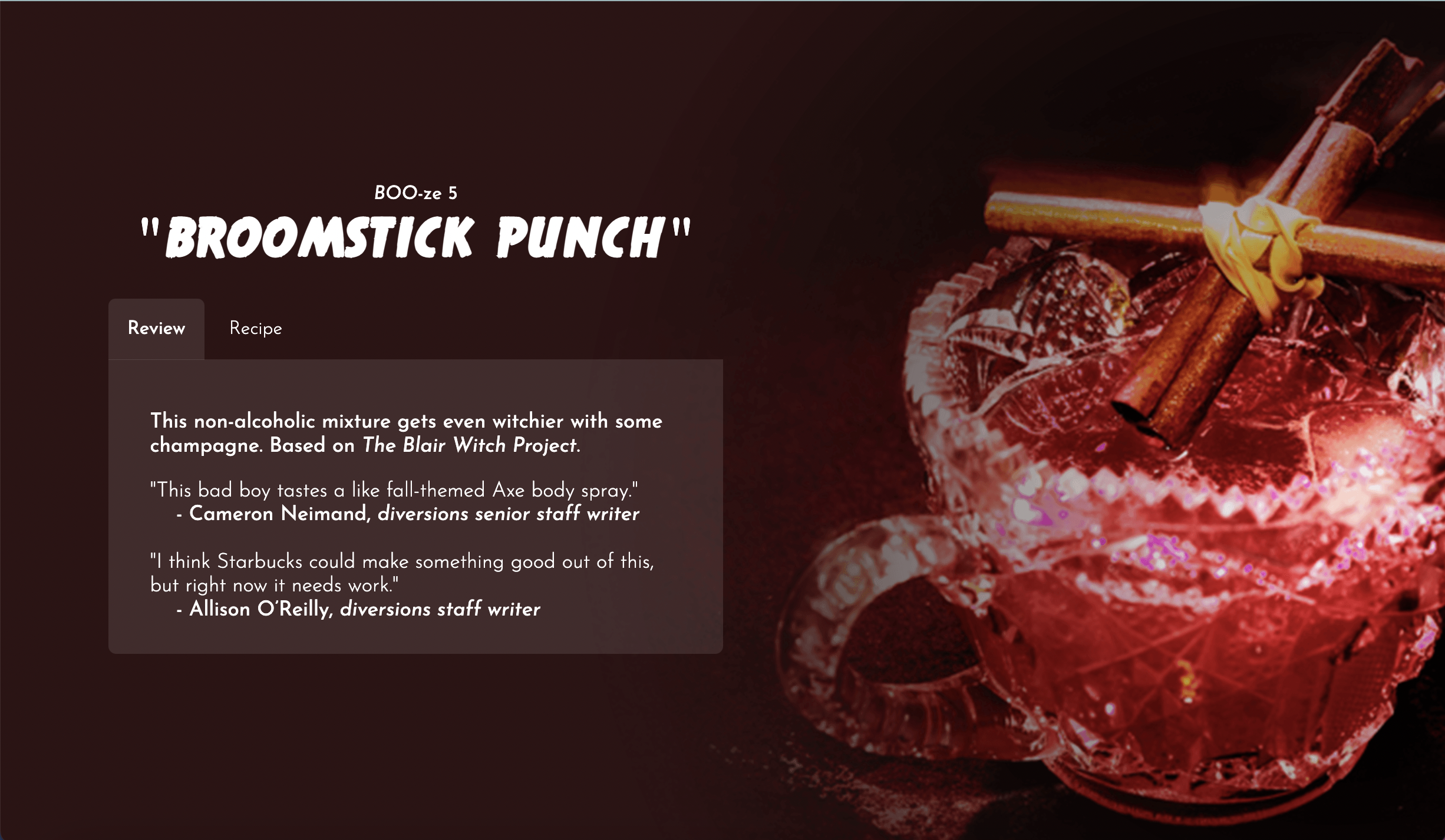 Website screenshot of a project on Halloween drinks.