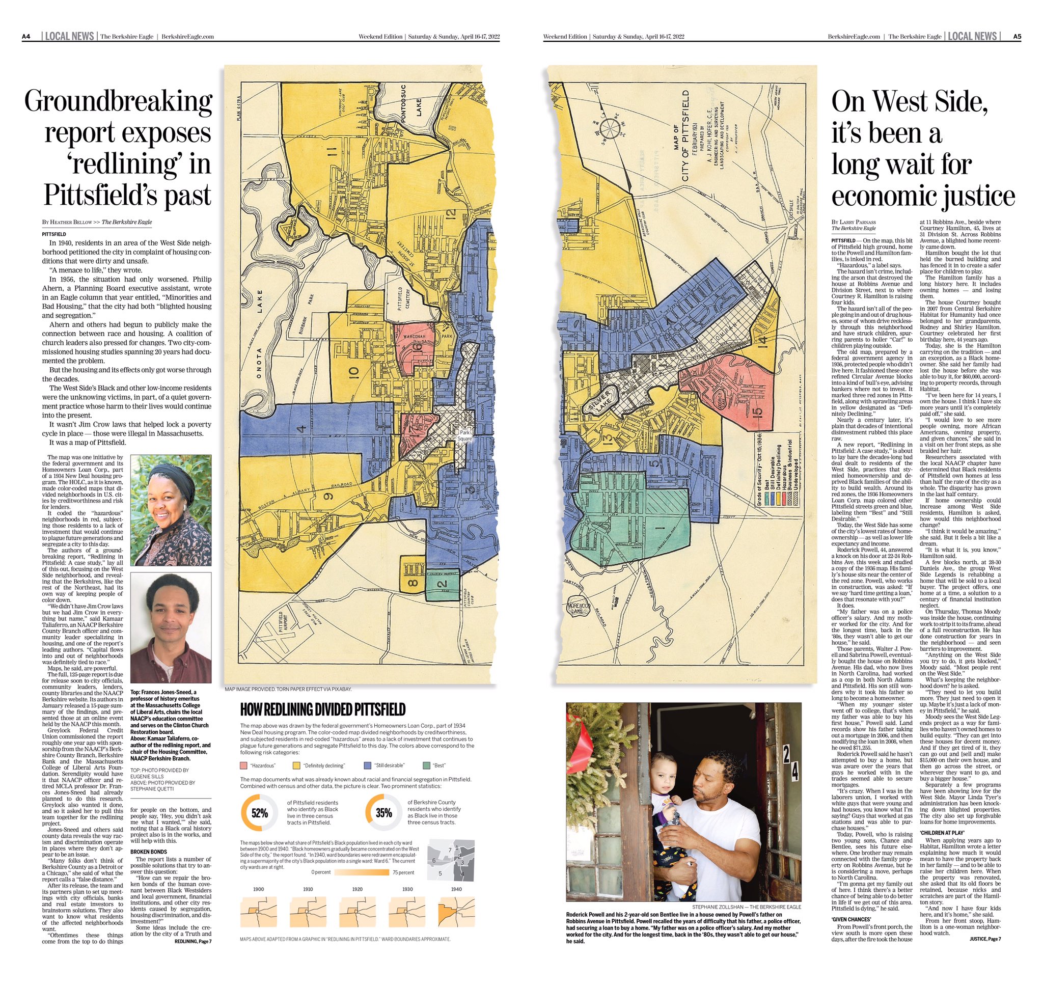 A newspaper spread featuring two stories about redlining in Pittsfield, as well as imagery and graphics.